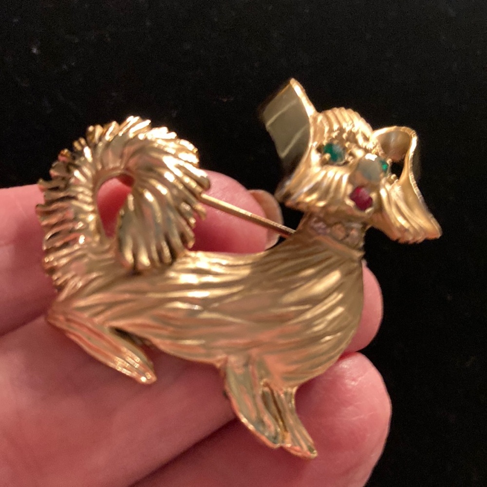 BSK Gold-Tone Dog Brooch with Green and Red Accent Stones